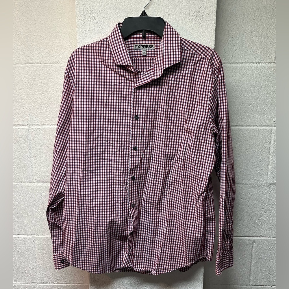 Express Men's Red/Pink/Blue Checkered Shirt. Size Large